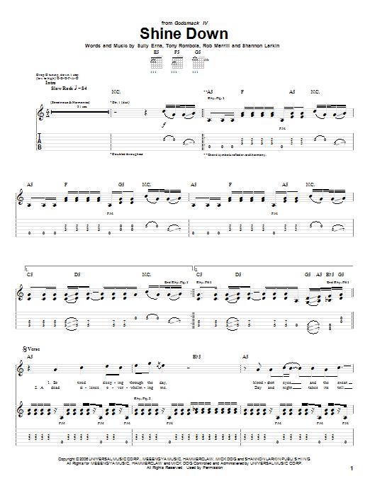 Godsmack Shine Down sheet music notes and chords arranged for Guitar Tab