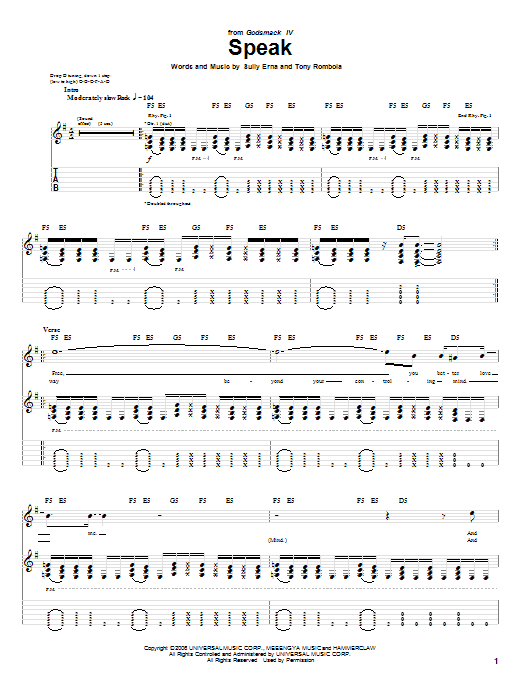 Godsmack Speak sheet music notes and chords arranged for Guitar Tab
