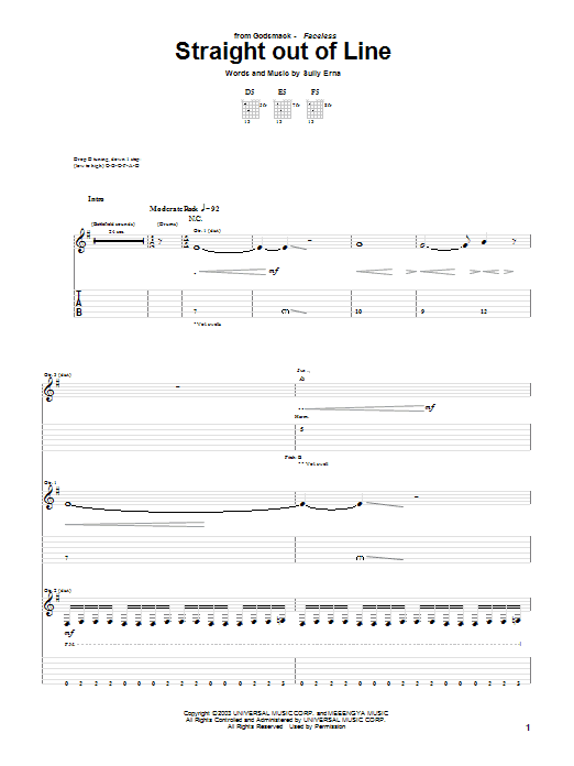Godsmack Straight Out Of Line sheet music notes and chords arranged for Guitar Tab (Single Guitar)