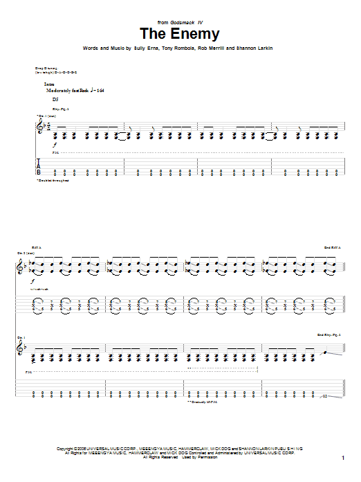 Godsmack The Enemy sheet music notes and chords arranged for Guitar Tab