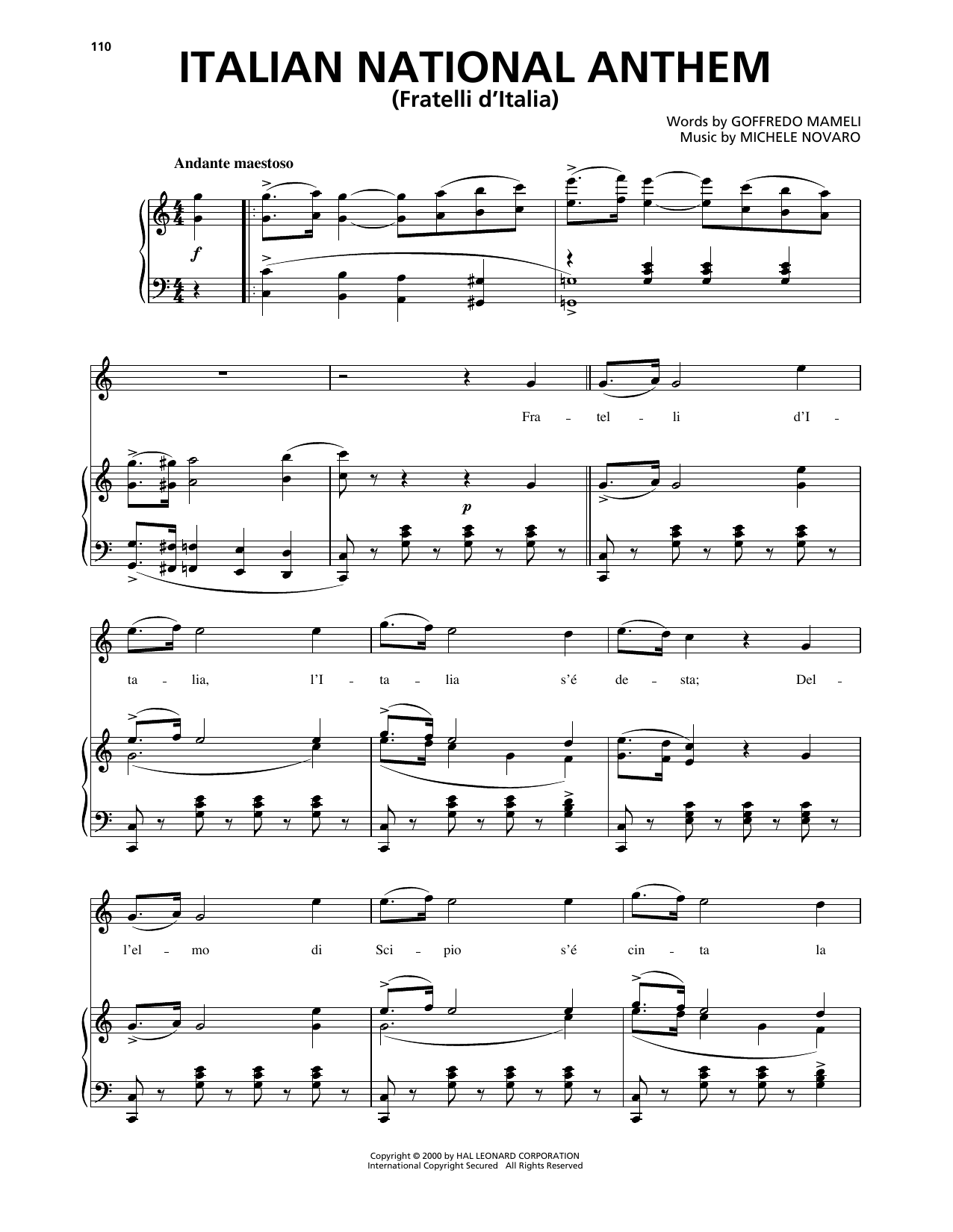 Goffredo Mameli Italian National Anthem (Fratelli d'Italia) sheet music notes and chords arranged for Piano, Vocal & Guitar Chords (Right-Hand Melody)