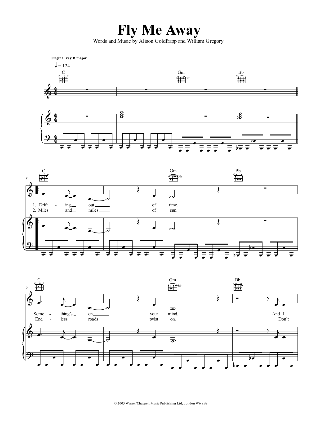 Goldfrapp Fly Me Away sheet music notes and chords arranged for Piano, Vocal & Guitar Chords (Right-Hand Melody)