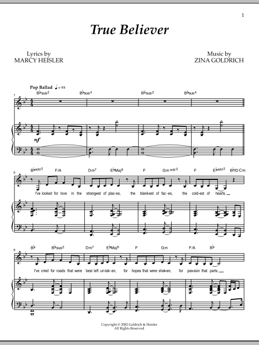 Goldrich & Heisler True Believer sheet music notes and chords arranged for Piano & Vocal