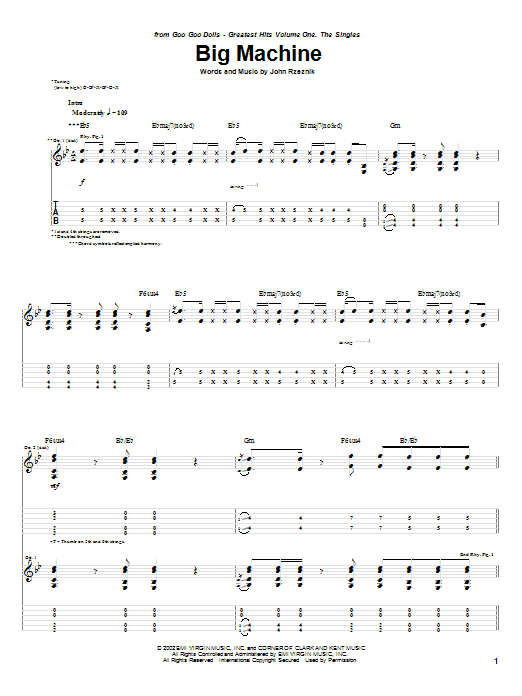 Goo Goo Dolls Big Machine sheet music notes and chords arranged for Guitar Tab