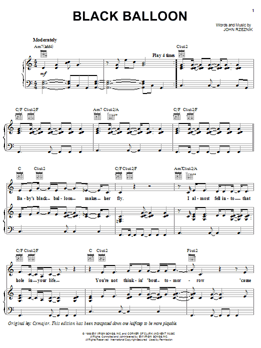 Goo Goo Dolls Black Balloon sheet music notes and chords arranged for Piano, Vocal & Guitar Chords (Right-Hand Melody)