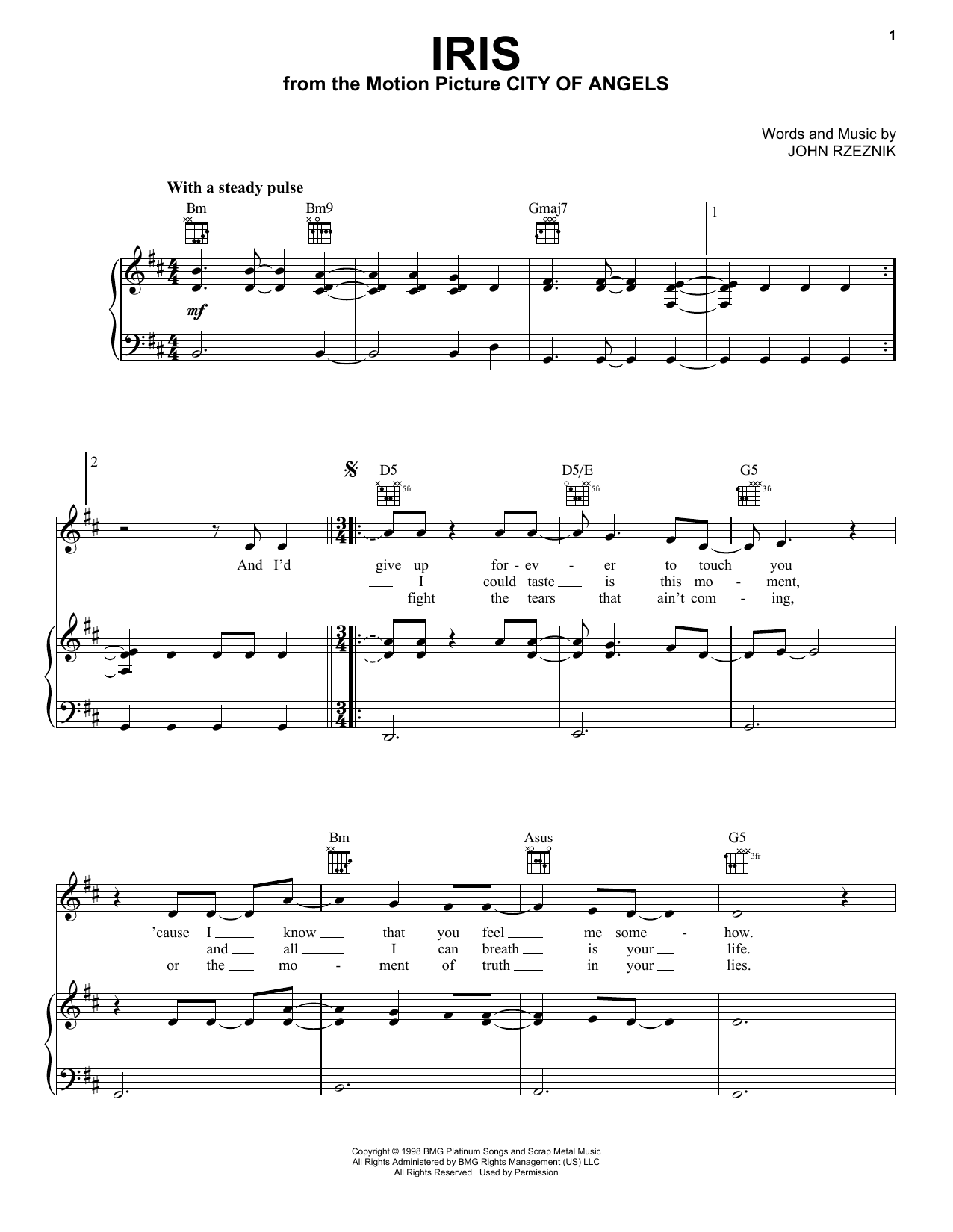 Goo Goo Dolls Iris sheet music notes and chords arranged for Piano Solo