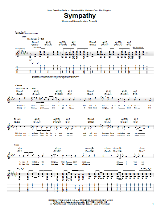 Goo Goo Dolls Sympathy sheet music notes and chords arranged for Guitar Tab