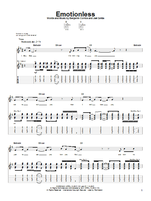 Good Charlotte Emotionless sheet music notes and chords arranged for Guitar Tab