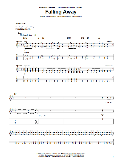 Good Charlotte Falling Away sheet music notes and chords arranged for Guitar Tab