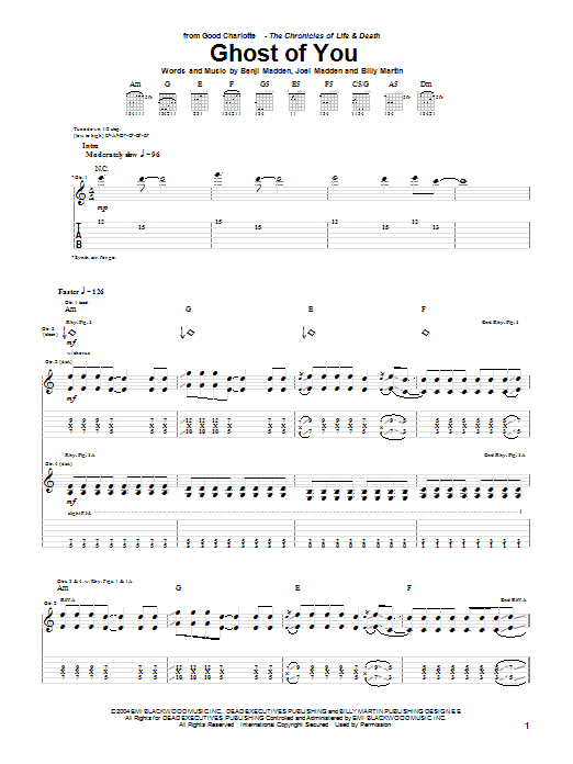 Good Charlotte Ghost Of You sheet music notes and chords arranged for Guitar Tab