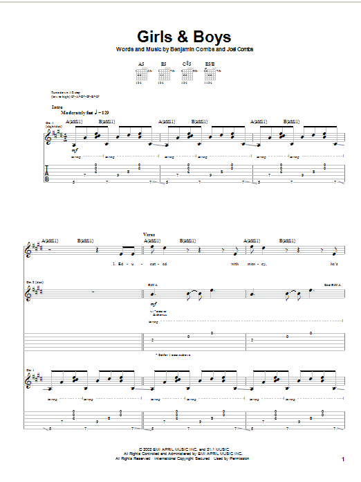Good Charlotte Girls & Boys sheet music notes and chords arranged for Piano, Vocal & Guitar Chords (Right-Hand Melody)
