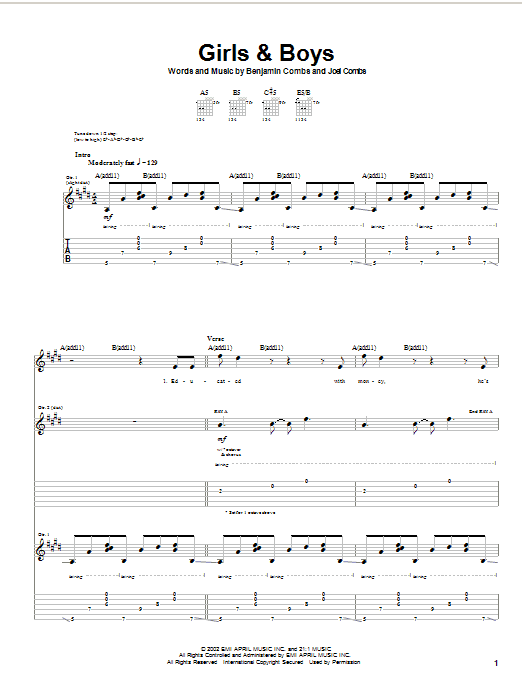 Good Charlotte Girls & Boys sheet music notes and chords arranged for Guitar Tab