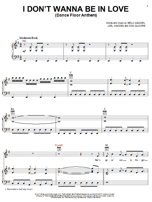 Good Charlotte I Don't Wanna Be In Love (Dance Floor Anthem) sheet music notes and chords arranged for Piano, Vocal & Guitar Chords (Right-Hand Melody)