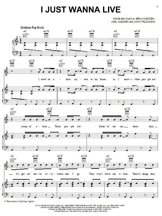 Good Charlotte I Just Wanna Live sheet music notes and chords arranged for Guitar Tab
