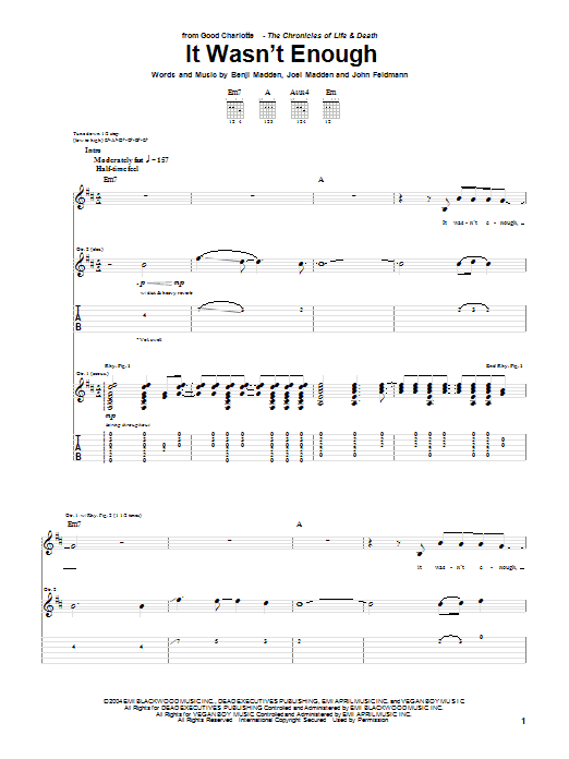 Good Charlotte It Wasn't Enough sheet music notes and chords arranged for Guitar Tab