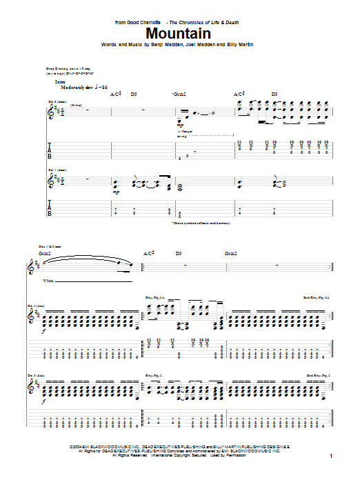 Good Charlotte Mountain sheet music notes and chords arranged for Guitar Tab