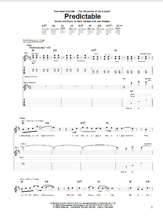 Good Charlotte Predictable sheet music notes and chords arranged for Guitar Tab