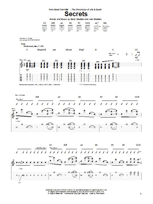 Good Charlotte Secrets sheet music notes and chords arranged for Guitar Tab