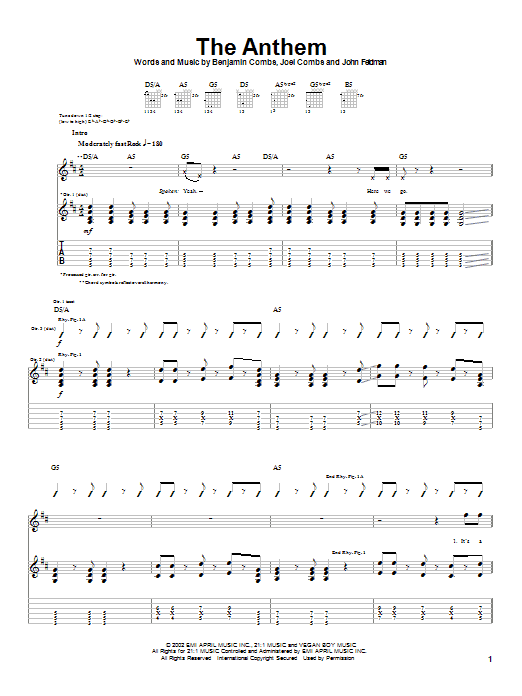 Good Charlotte The Anthem sheet music notes and chords arranged for Piano, Vocal & Guitar Chords (Right-Hand Melody)