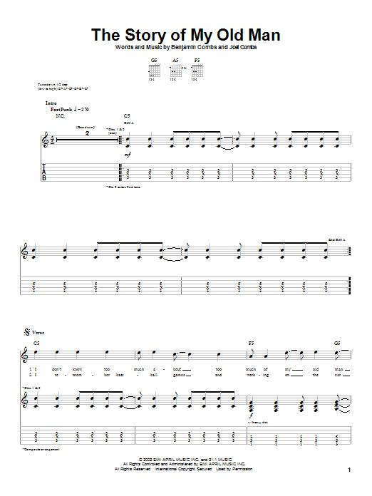 Good Charlotte The Story Of My Old Man sheet music notes and chords arranged for Guitar Tab