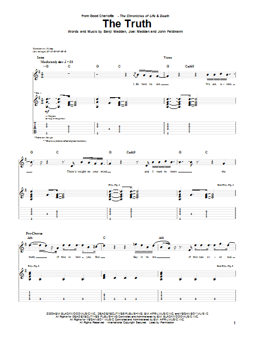 Good Charlotte The Truth sheet music notes and chords arranged for Guitar Tab