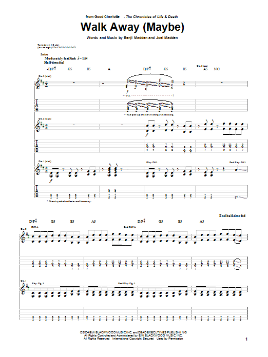 Good Charlotte Walk Away (Maybe) sheet music notes and chords arranged for Guitar Tab