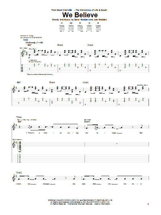 Good Charlotte We Believe sheet music notes and chords arranged for Guitar Tab