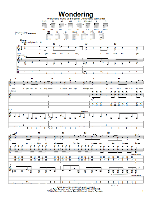 Good Charlotte Wondering sheet music notes and chords arranged for Guitar Tab
