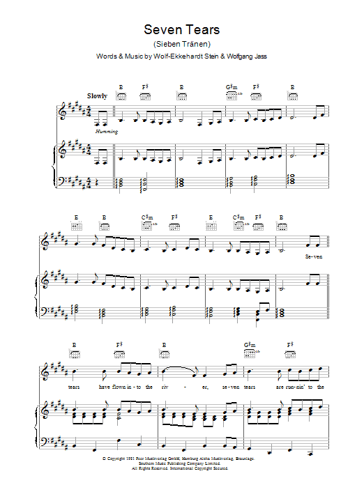 Goombay Dance Band Seven Tears sheet music notes and chords arranged for Piano, Vocal & Guitar Chords
