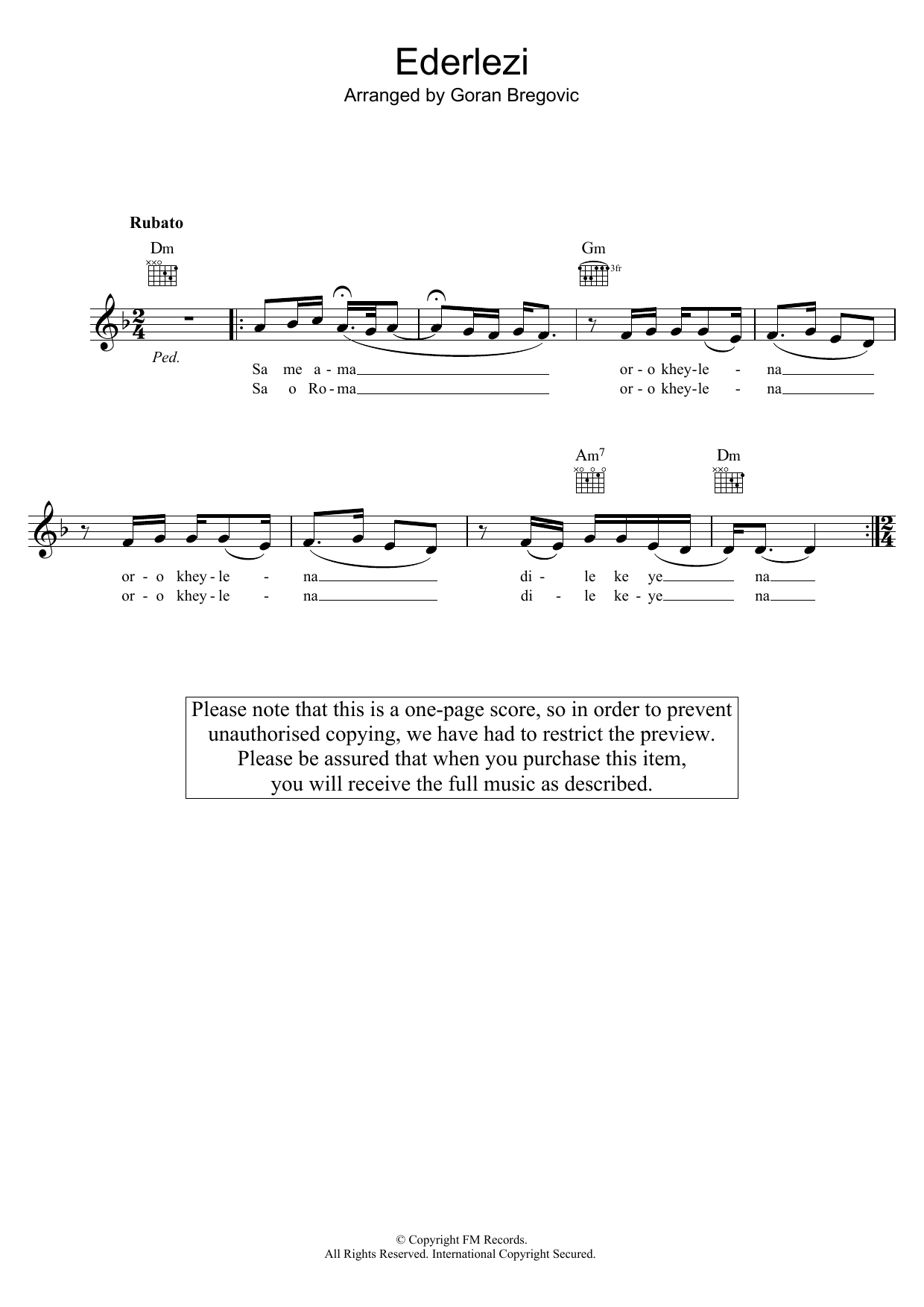 Goran Bregovic Ederlezi sheet music notes and chords arranged for Lead Sheet / Fake Book