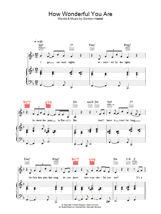 Gordon Haskell How Wonderful You Are sheet music notes and chords arranged for Piano, Vocal & Guitar Chords