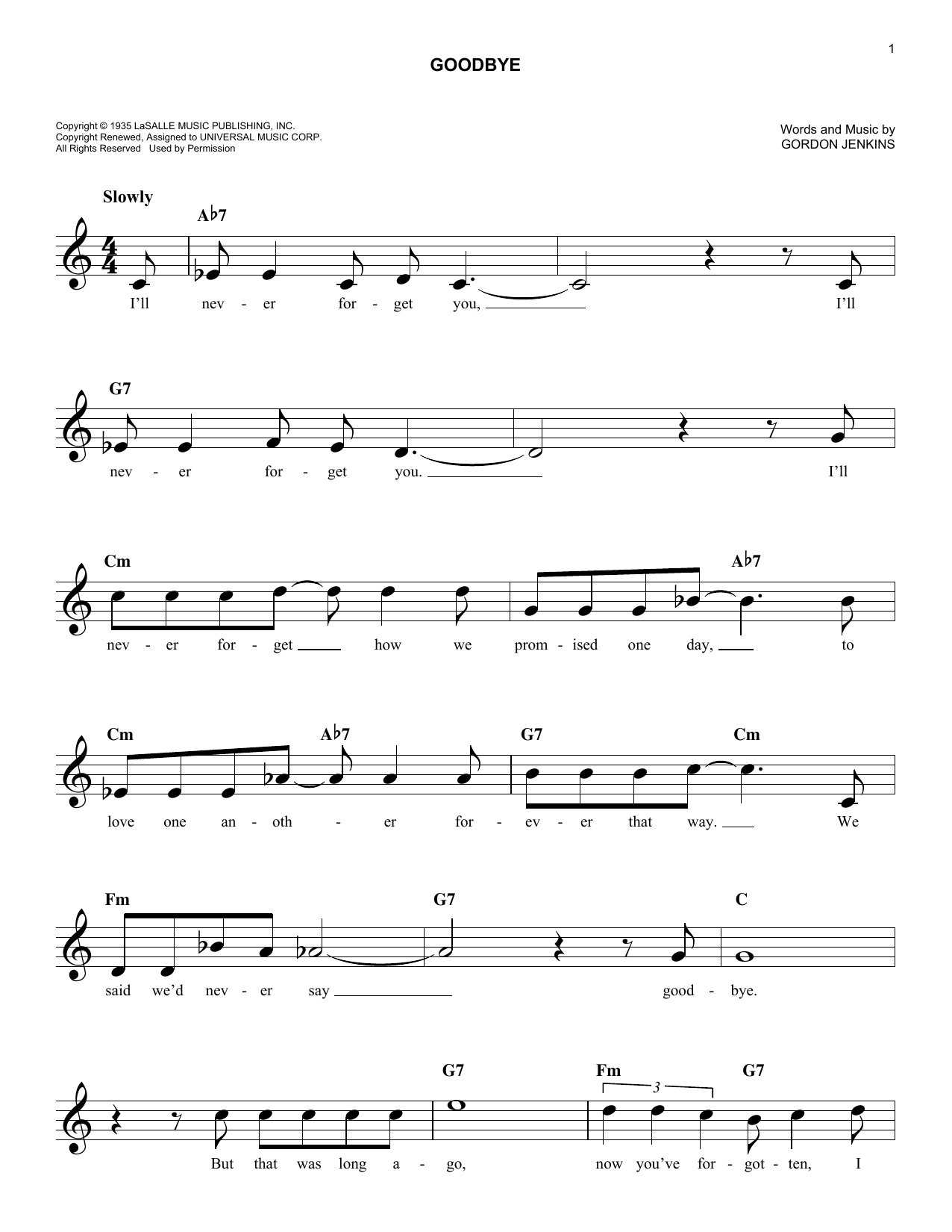 Gordon Jenkins Goodbye sheet music notes and chords arranged for Flute Solo