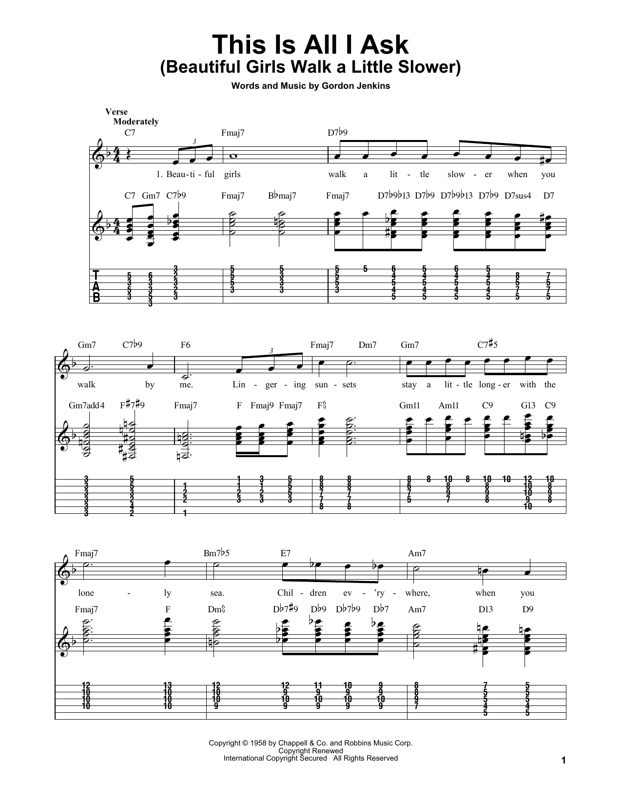 Gordon Jenkins This Is All I Ask (Beautiful Girls Walk A Little Slower) sheet music notes and chords arranged for Easy Guitar Tab