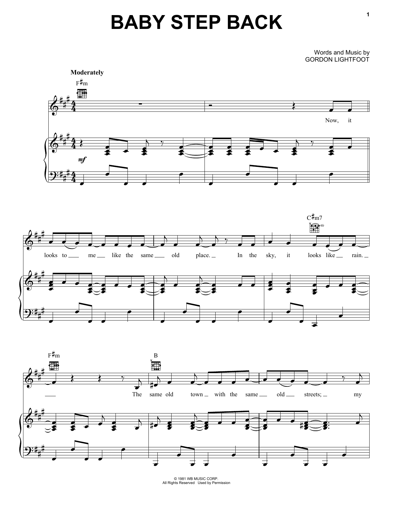 Gordon Lightfoot Baby Step Back sheet music notes and chords arranged for Piano, Vocal & Guitar Chords (Right-Hand Melody)