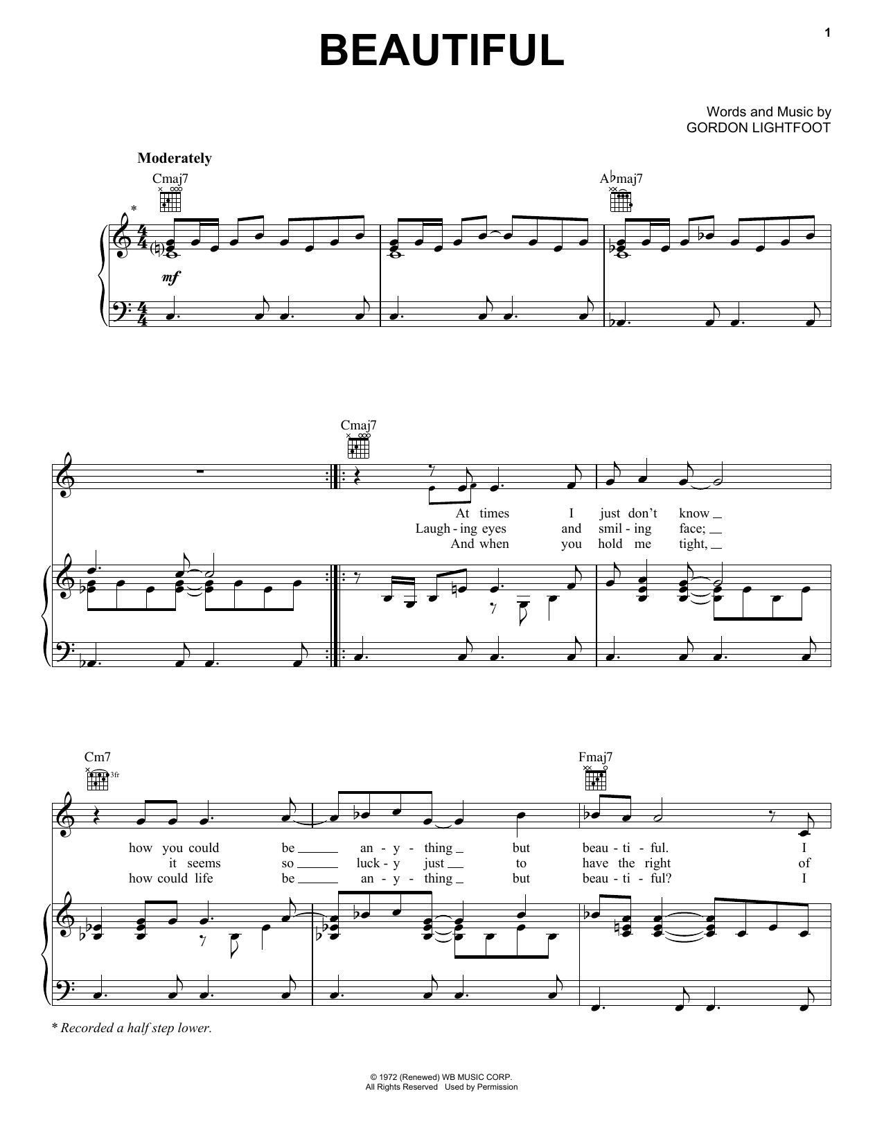 Gordon Lightfoot Beautiful sheet music notes and chords arranged for Piano, Vocal & Guitar Chords (Right-Hand Melody)