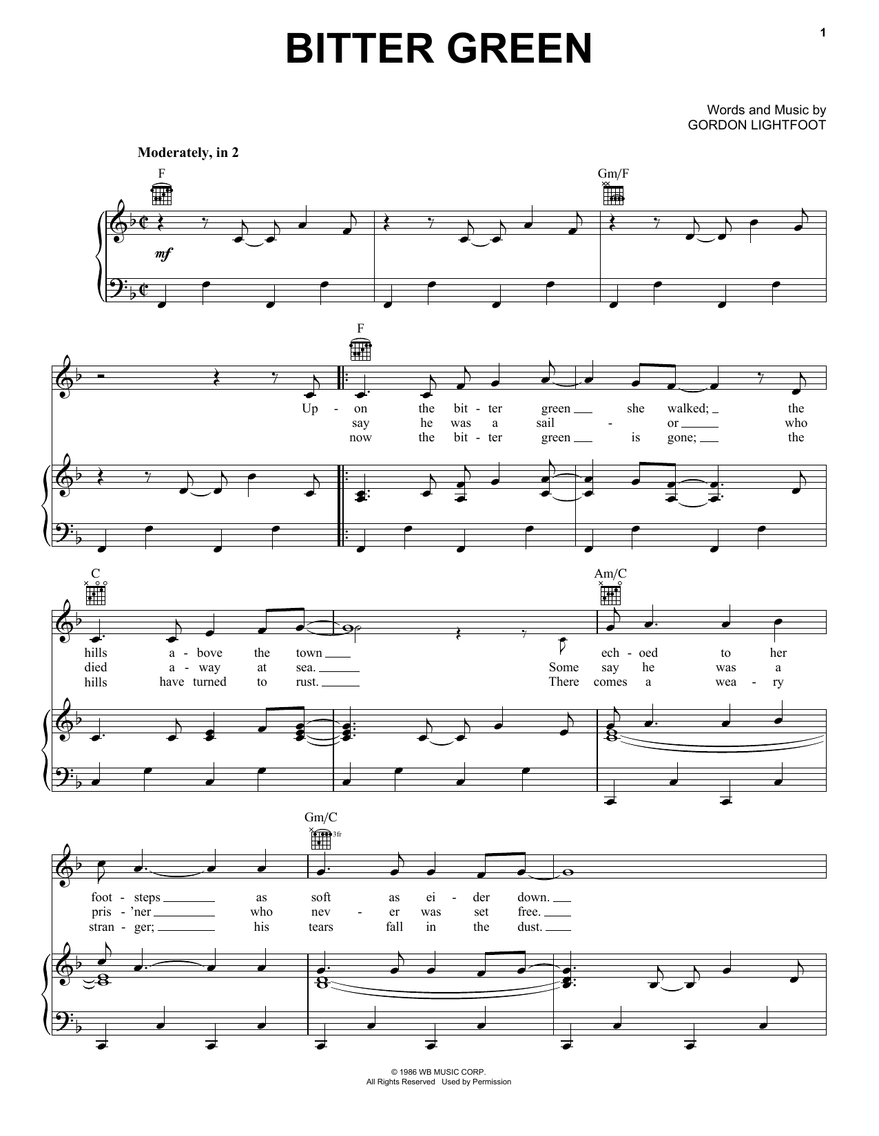 Gordon Lightfoot Bitter Green sheet music notes and chords arranged for Piano, Vocal & Guitar Chords (Right-Hand Melody)