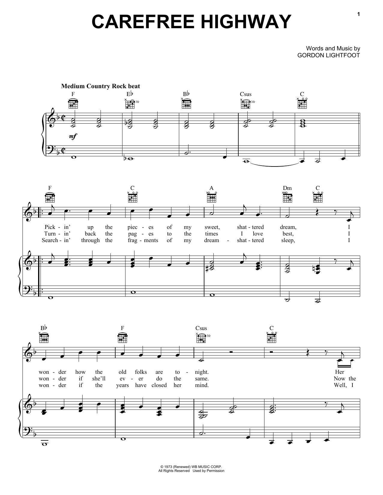 Gordon Lightfoot Carefree Highway sheet music notes and chords arranged for Piano, Vocal & Guitar Chords (Right-Hand Melody)