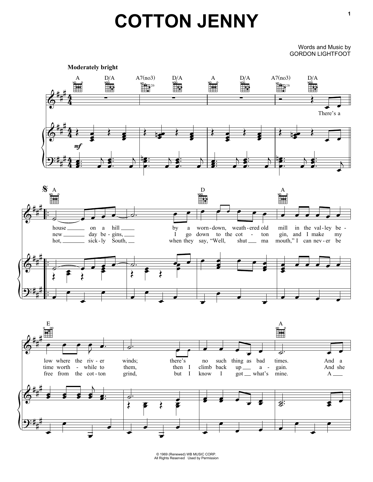 Gordon Lightfoot Cotton Jenny sheet music notes and chords arranged for Piano, Vocal & Guitar Chords (Right-Hand Melody)