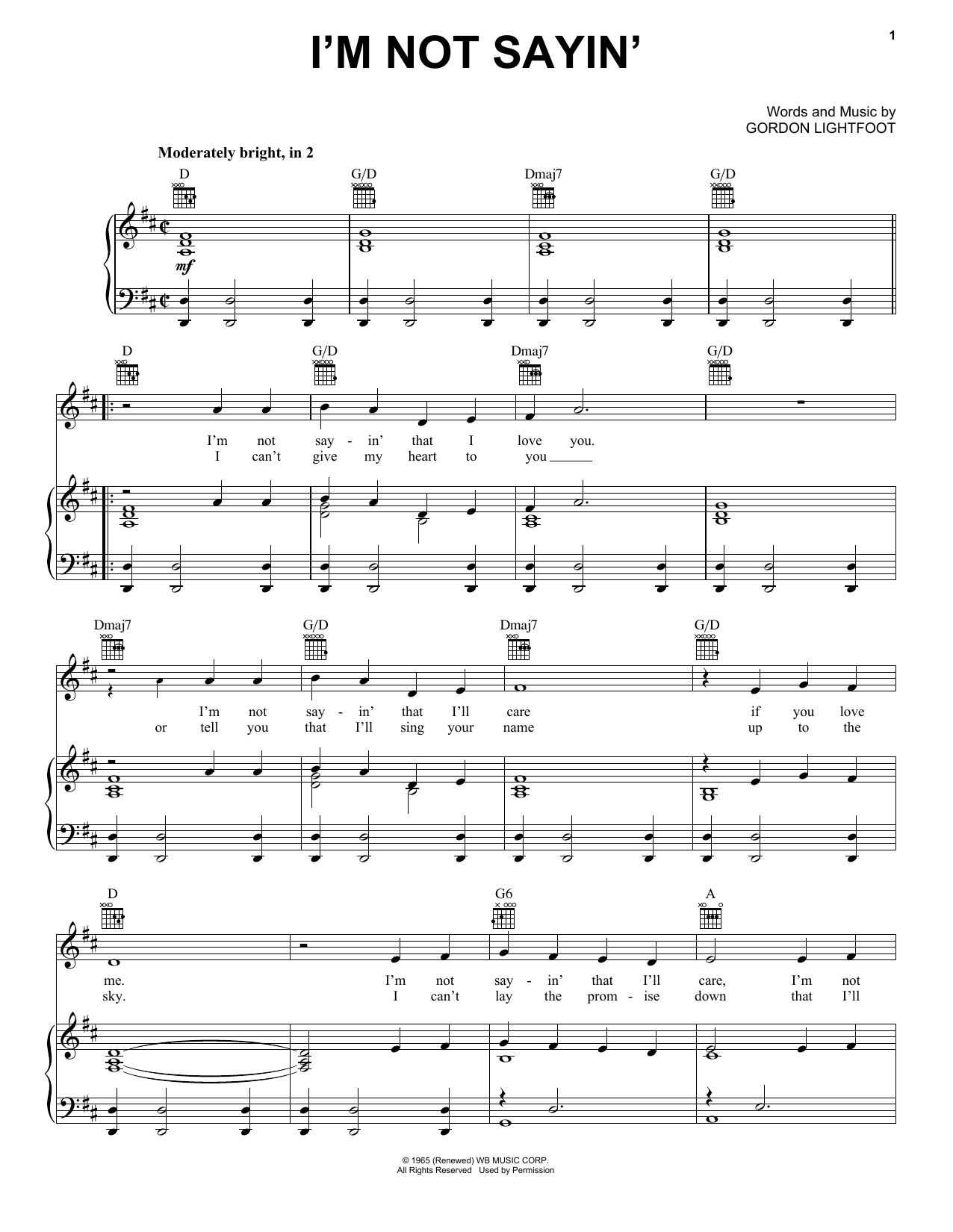 Gordon Lightfoot I'm Not Sayin' sheet music notes and chords arranged for Piano, Vocal & Guitar Chords (Right-Hand Melody)