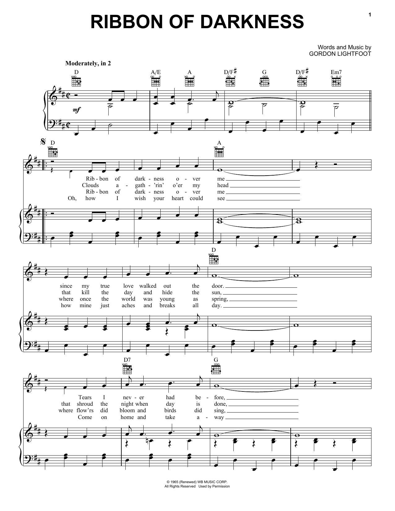 Gordon Lightfoot Ribbon Of Darkness sheet music notes and chords arranged for Piano, Vocal & Guitar Chords (Right-Hand Melody)