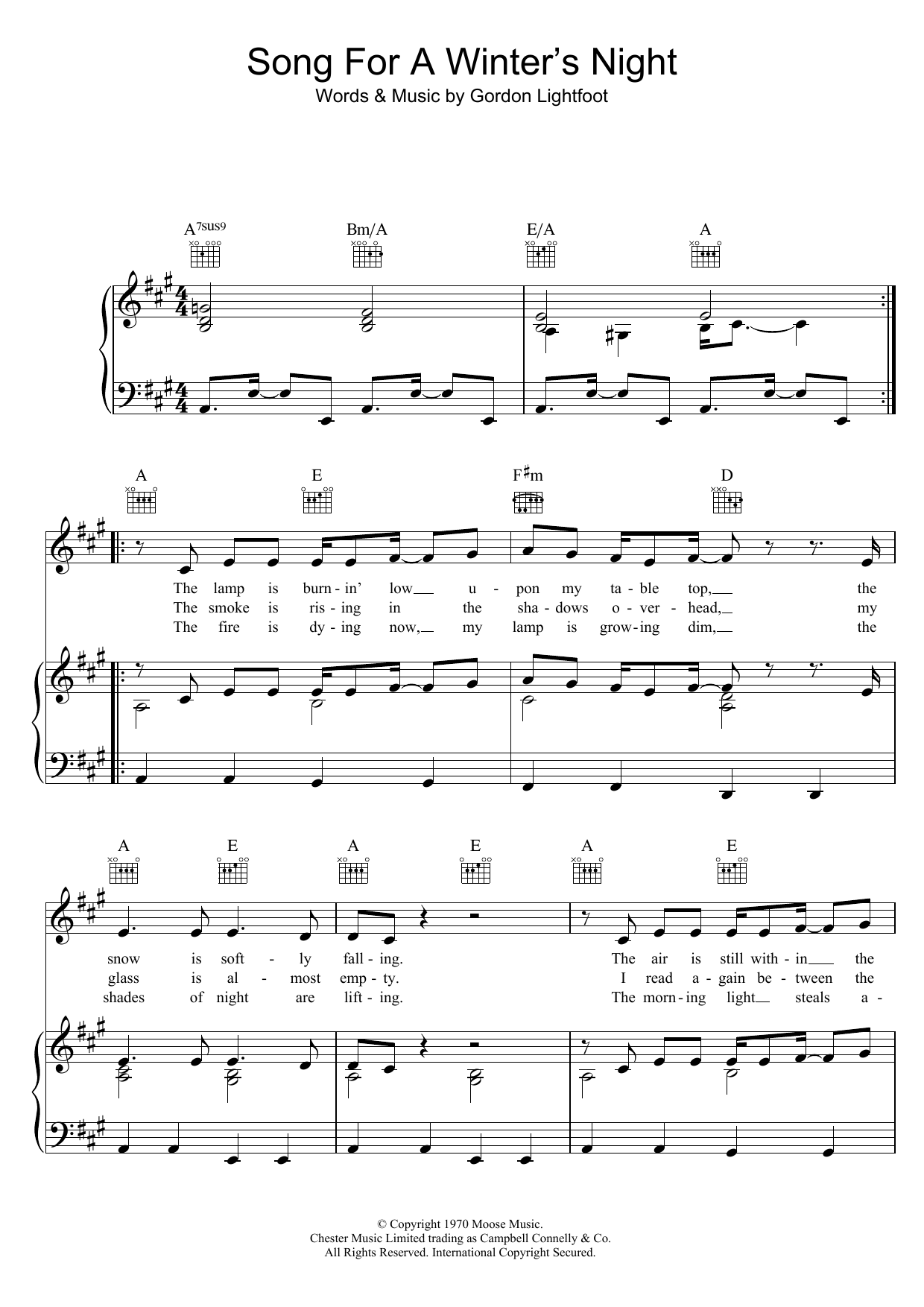 Gordon Lightfoot Song For A Winter's Night sheet music notes and chords arranged for Piano, Vocal & Guitar Chords