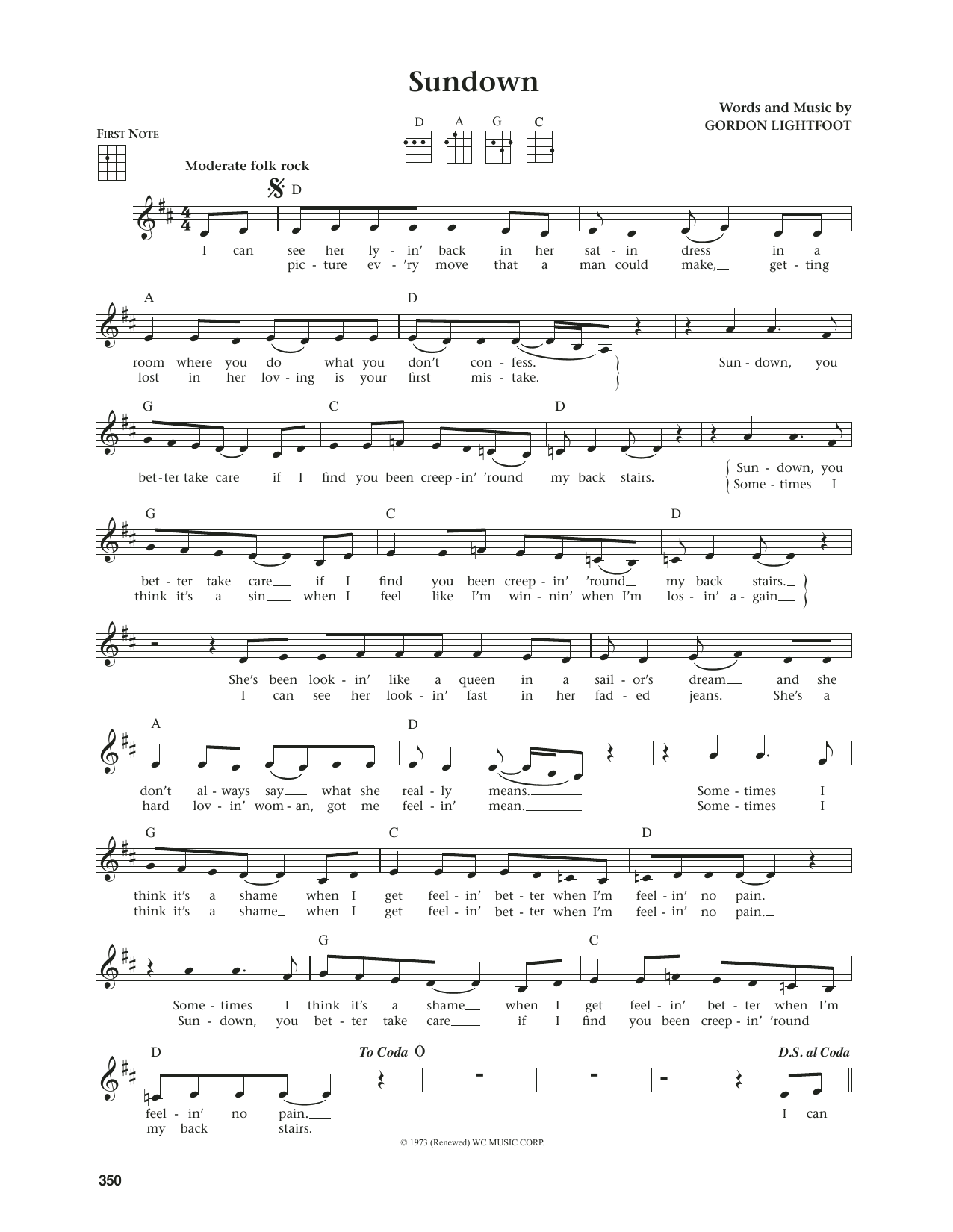 Gordon Lightfoot Sundown (from The Daily Ukulele) (arr. Jim Beloff) sheet music notes and chords arranged for Ukulele