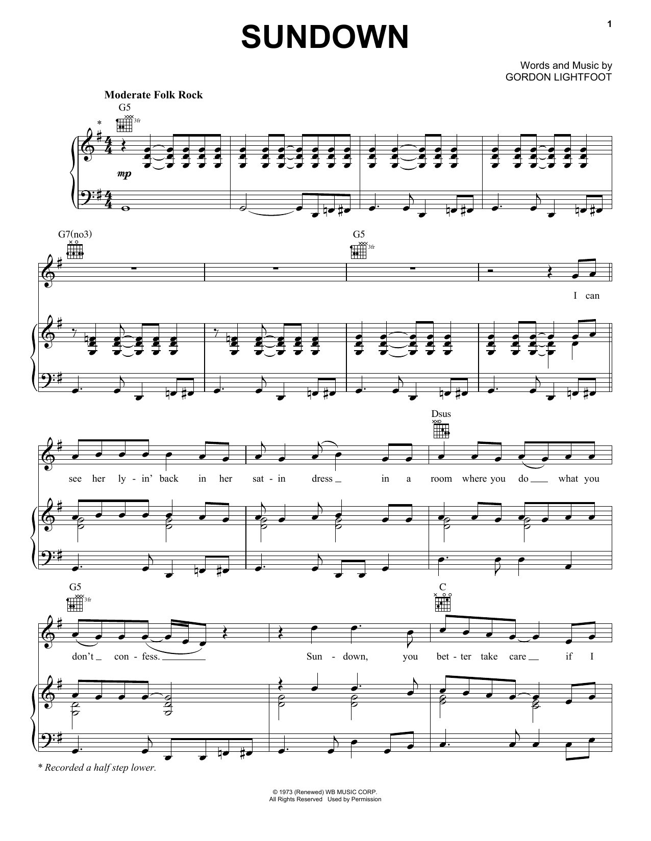 Gordon Lightfoot Sundown sheet music notes and chords arranged for Piano, Vocal & Guitar Chords (Right-Hand Melody)