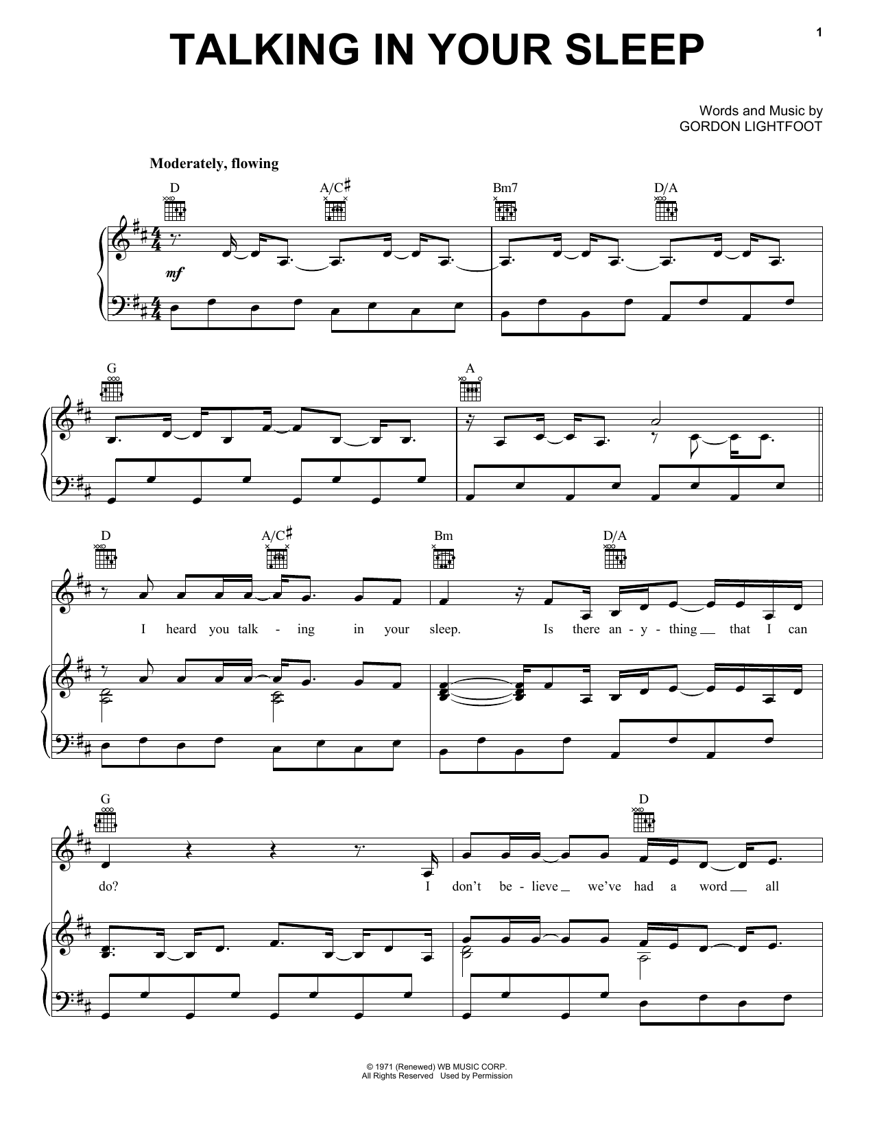 Gordon Lightfoot Talking In Your Sleep sheet music notes and chords arranged for Piano, Vocal & Guitar Chords (Right-Hand Melody)