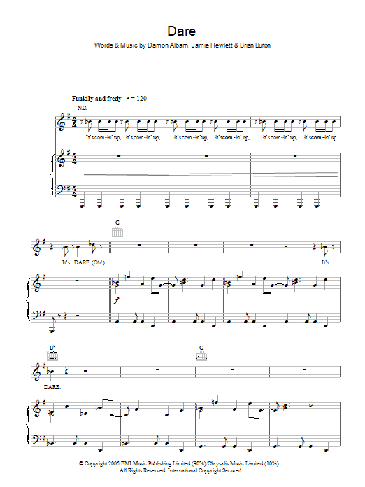 Gorillaz Dare sheet music notes and chords arranged for Piano, Vocal & Guitar Chords
