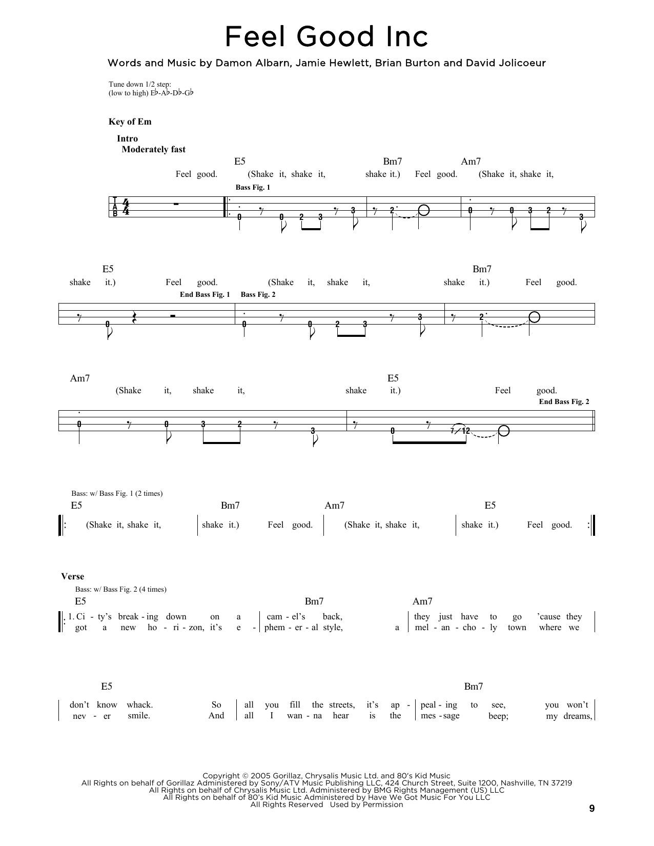 Gorillaz feat. De La Soul Feel Good Inc sheet music notes and chords arranged for Easy Bass Tab