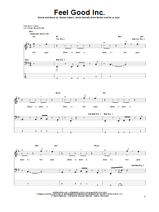 Gorillaz Feel Good Inc. sheet music notes and chords arranged for Easy Bass Tab
