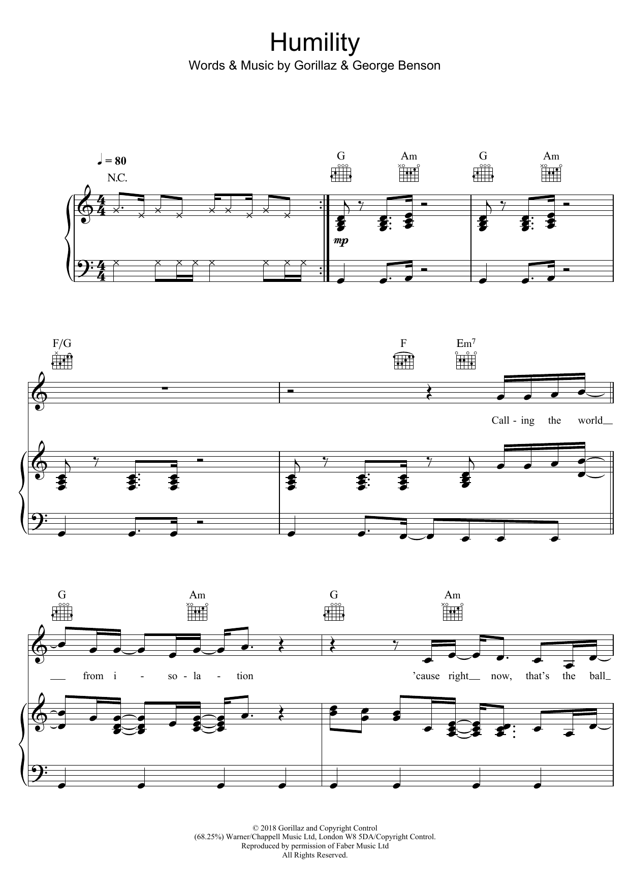 Gorillaz Humility (featuring George Benson) sheet music notes and chords arranged for Piano, Vocal & Guitar Chords