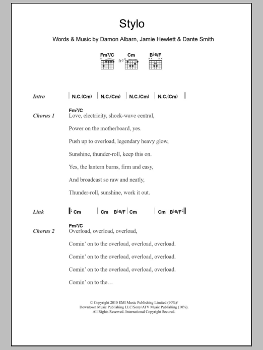 Gorillaz Stylo sheet music notes and chords arranged for Guitar Chords/Lyrics