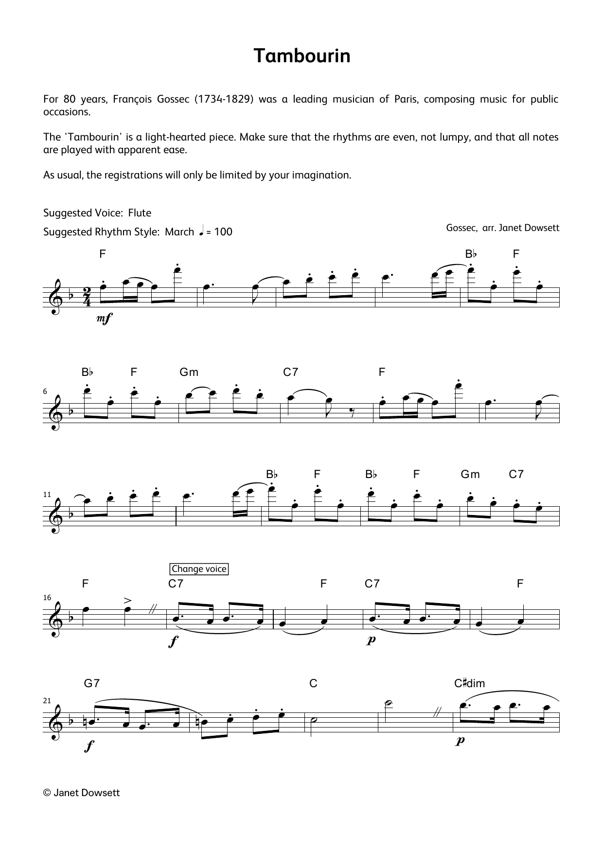 Gossec Tambourin (LCME Electronic Keyboard Grade 7 List B & C) sheet music notes and chords arranged for Piano Solo